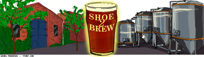 Shoe Brew beer glass with red barn and fermentation tanks illustration for July Good Beer Month 2011