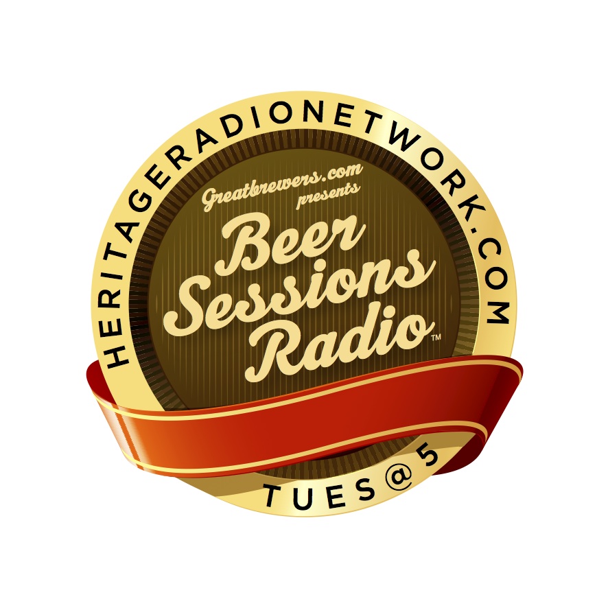 Beer Sessions Radio logo presented by Greatbrewers.com, vintage-style circular badge with red ribbon banner, airs...