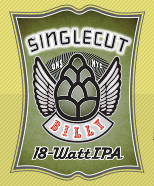 Singlecut Brewery 18-Watt IPA beer label with winged hop cone design on yellow background, circa 2013